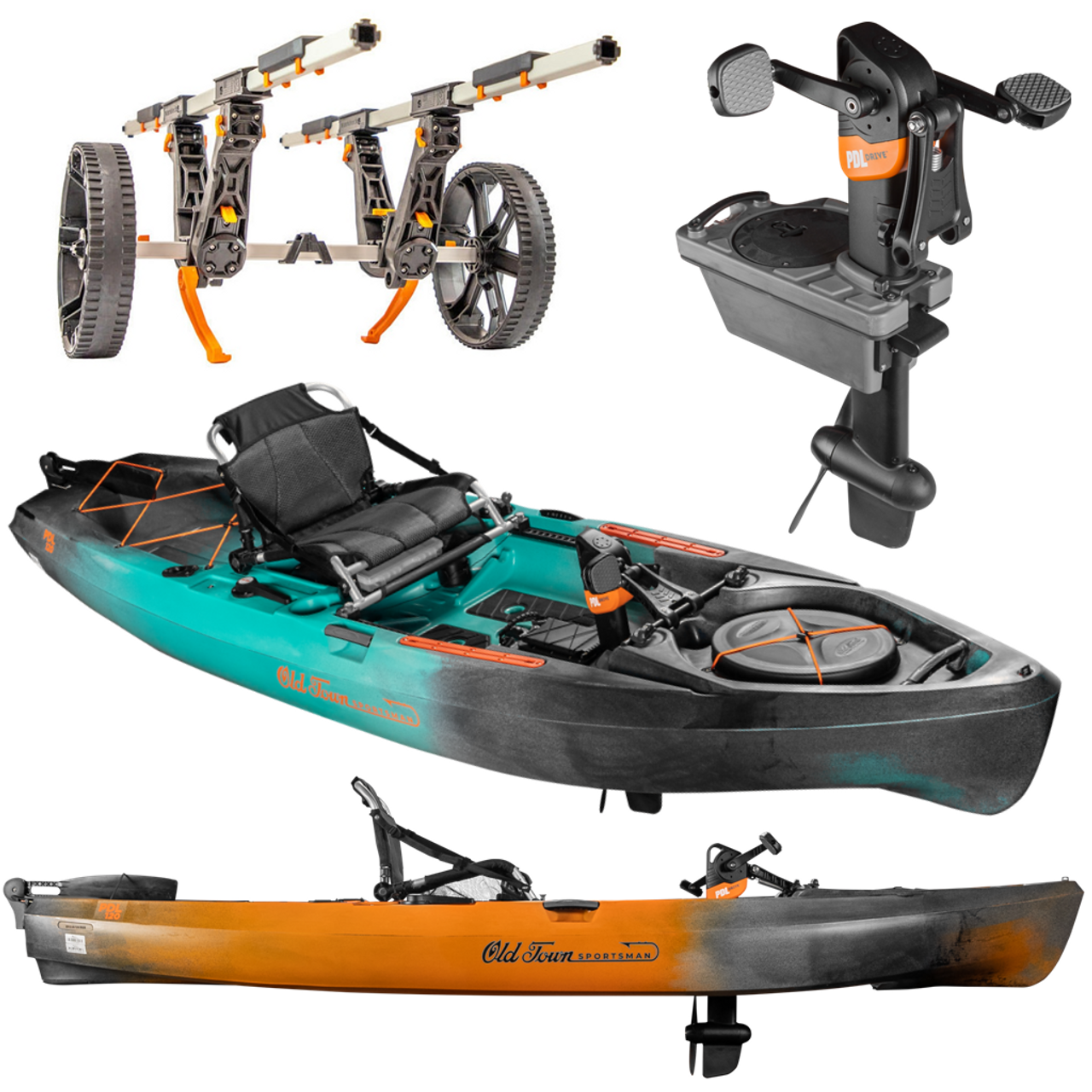 Old Town Sportsman PDL 120 - Fishing Kayak with YakAttack TowNStow BarCart Kayak Cart